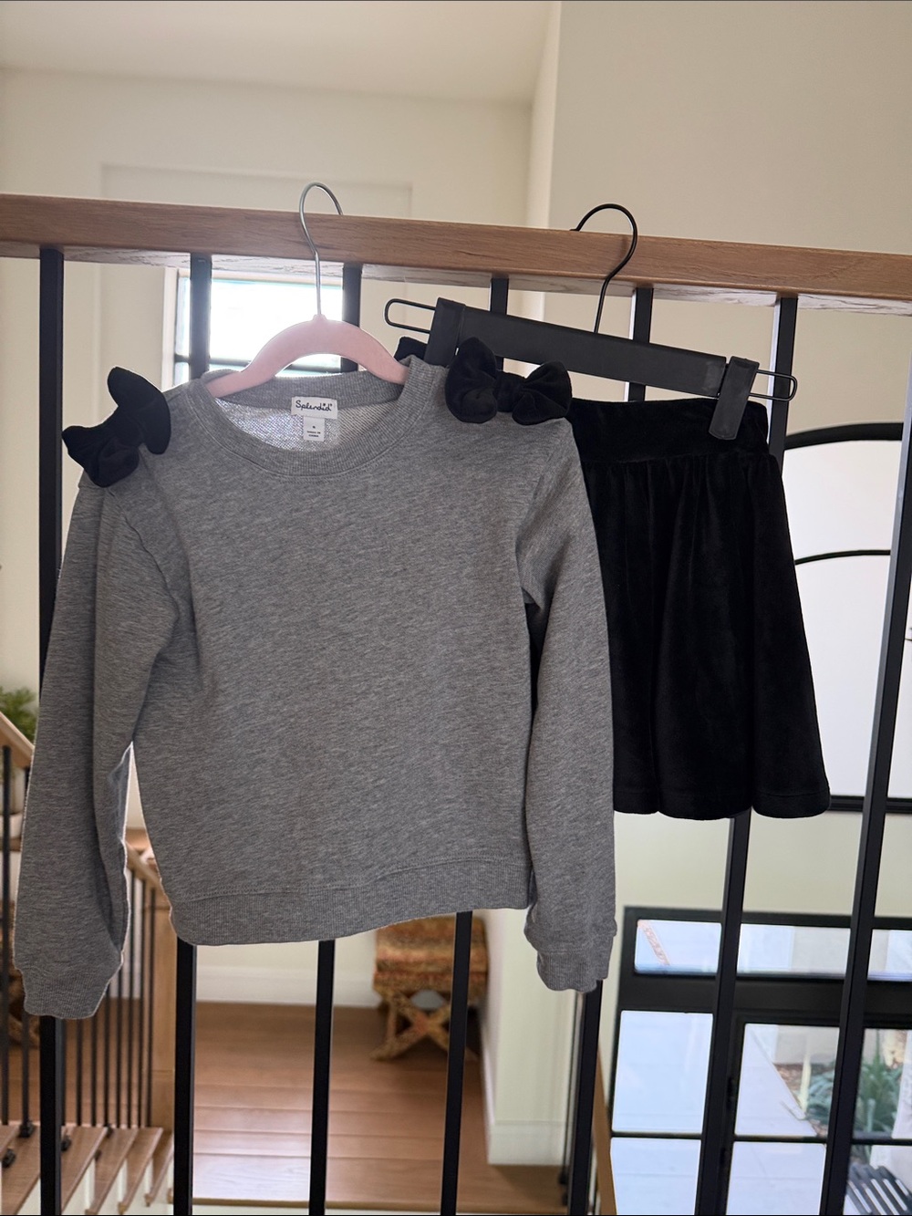 Splendid Gray Sweatshirt with Black Bow Shoulder Accents and skirt